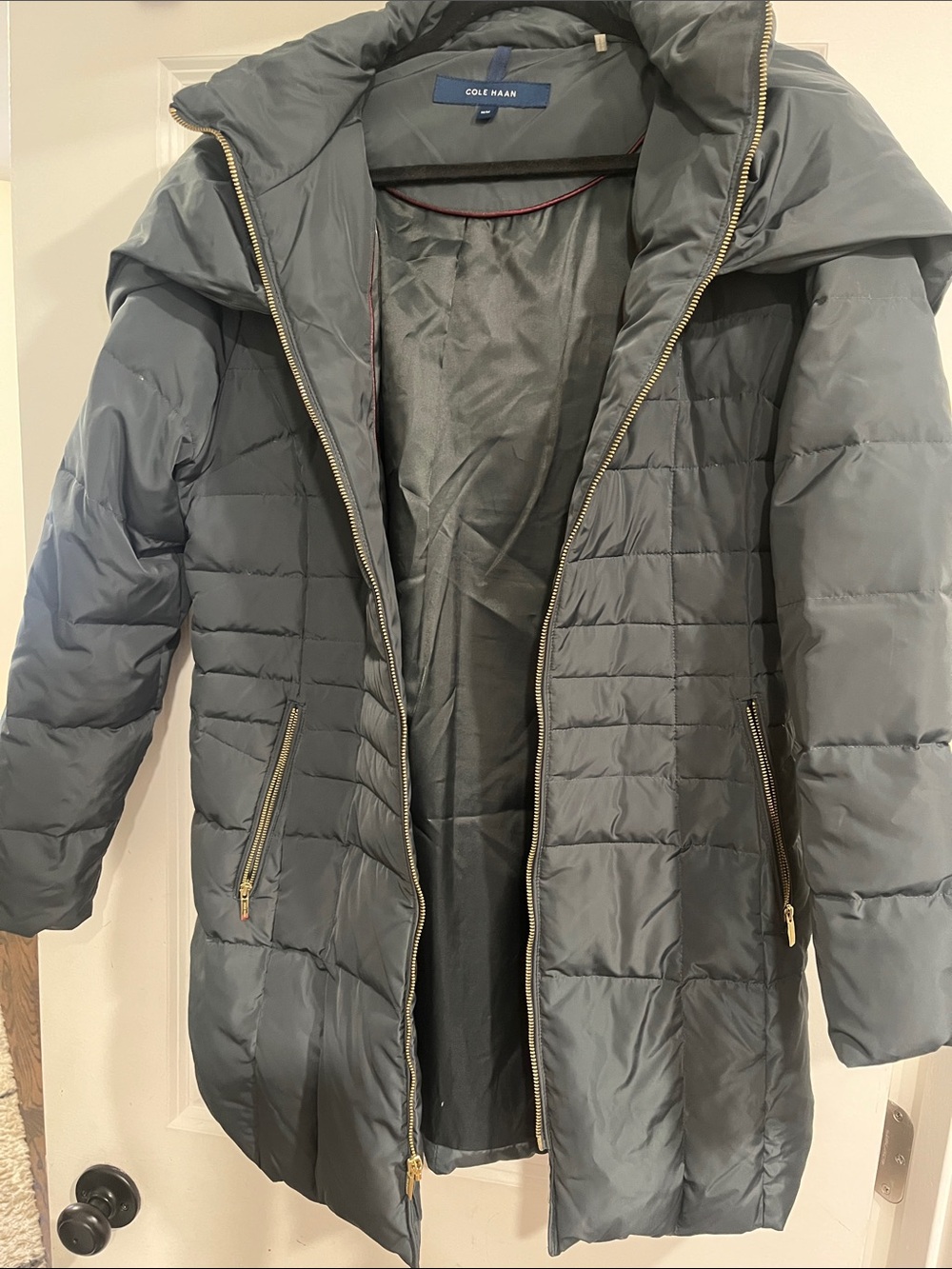 Cole Haan Blue Gray Quilted Puffer Coat with Hood